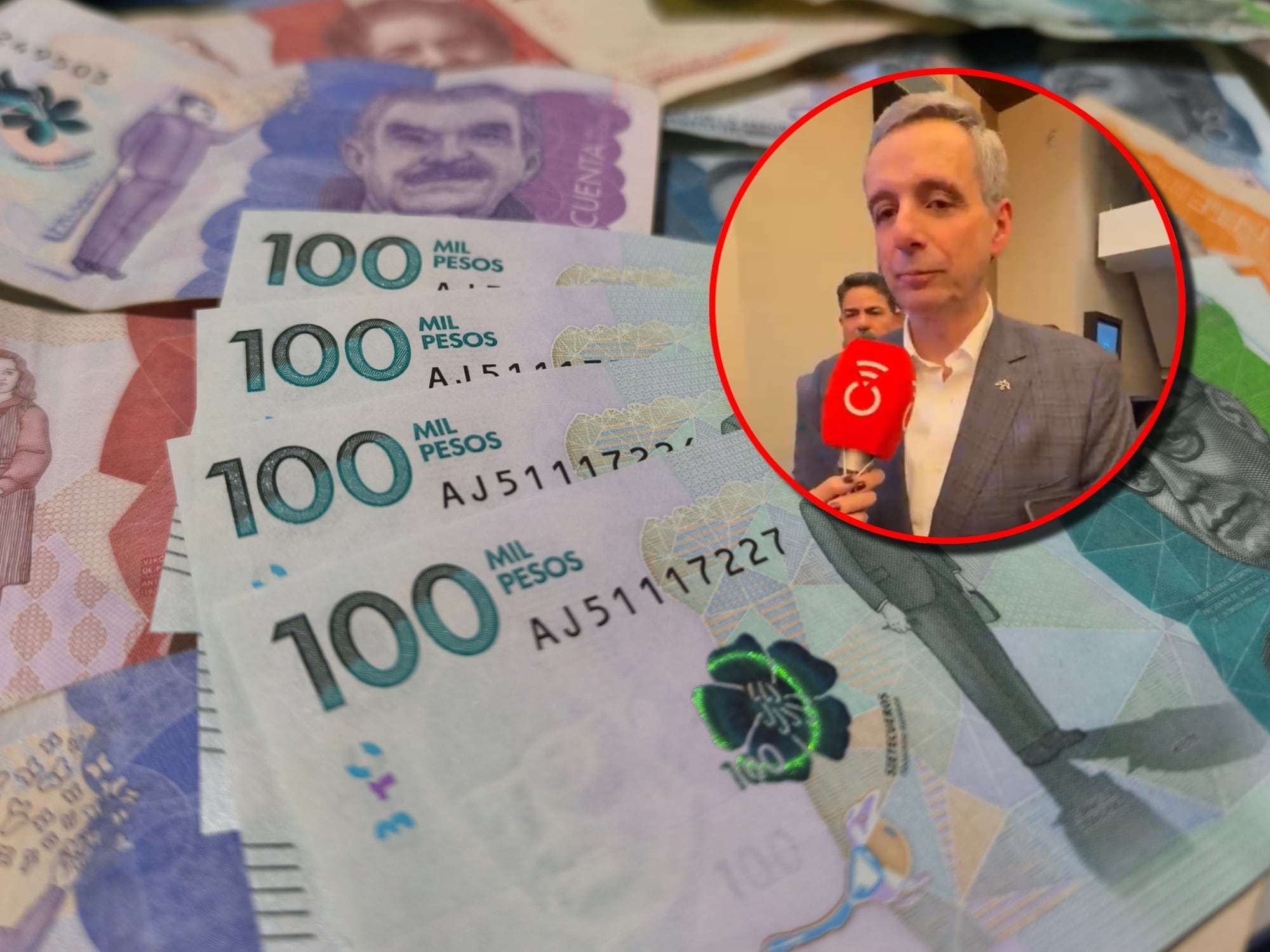 Miguel Gómez, ministro de Hacienda designado. Al fondo, dinero colombiano. Fotos: Caracol Radio y Getty Images.