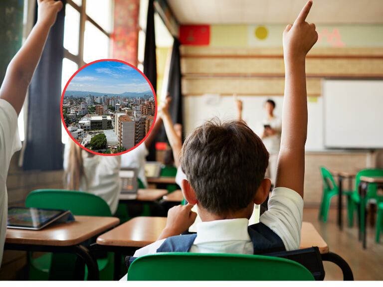 Aula escolar y al lado una vista panorámica de la ciudad de Bucaramanga (Fotos vía Getty Images)