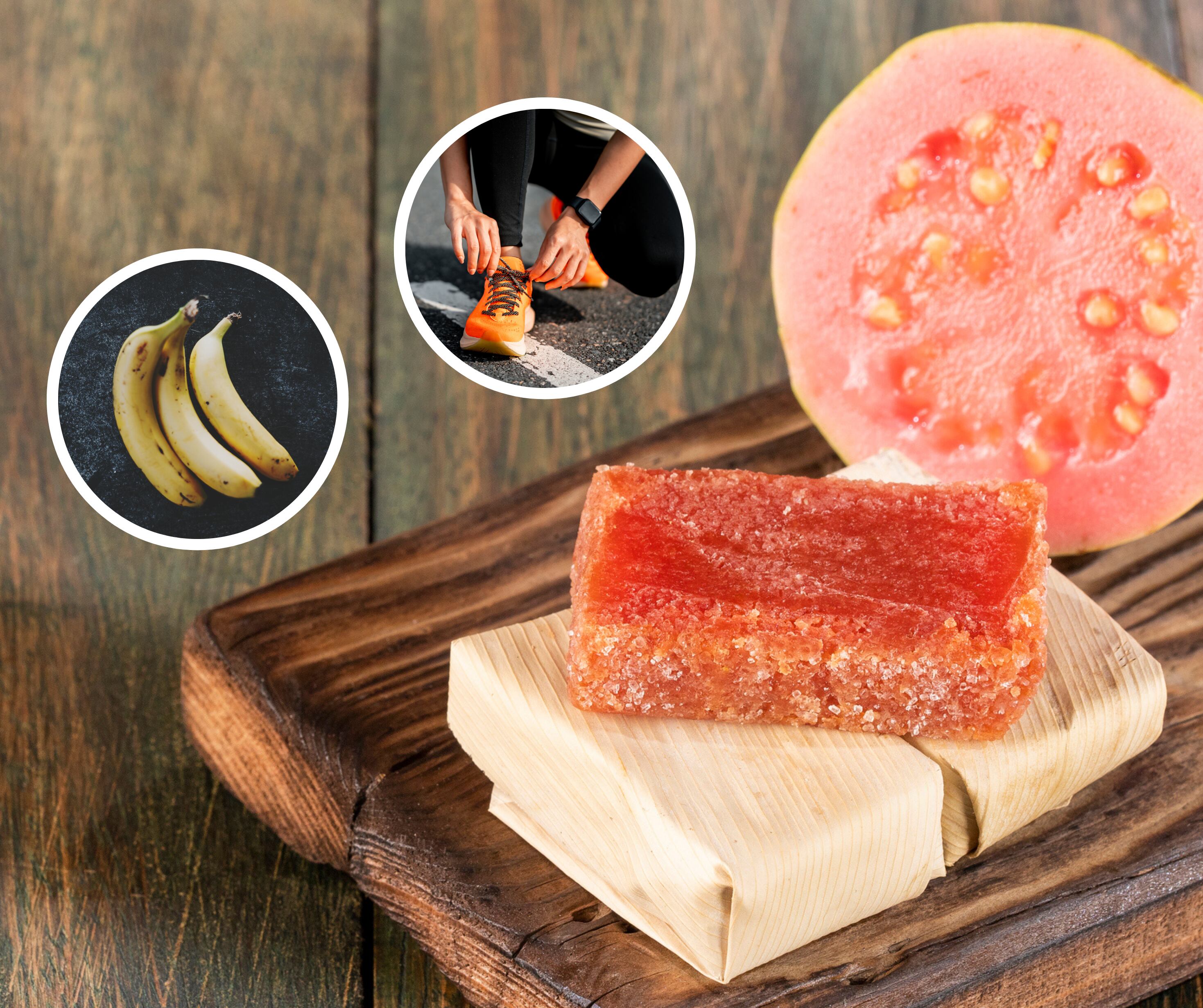 Bocadillo sobre una tabla junto a unas frutas y a una imagen de un deportista (Getty Images)