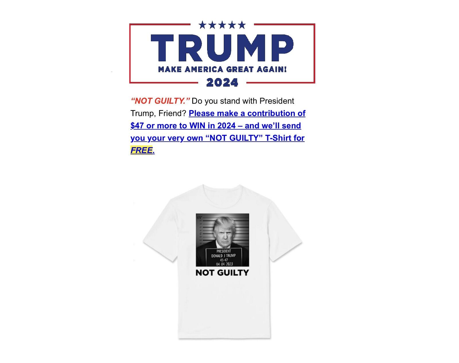 Campaña presidencial de Trump lanza a la venta de camisetas con foto policial falsa. Foto: DonaldJTrump.com