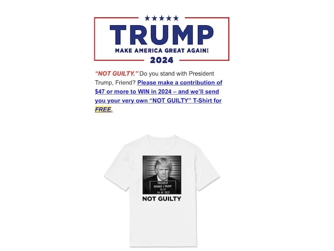 Campaña presidencial de Trump lanza a la venta de camisetas con foto policial falsa. Foto: DonaldJTrump.com