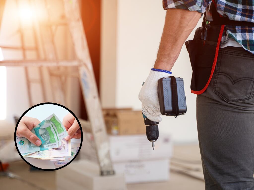 Un hombre haciendo reparaciones locativas a una vivienda y de fondo una persona entregándole dinero colombiano a otra. (Fotos vía Getty Images).