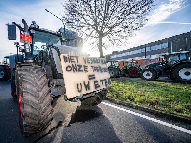 Farmers take their tractors to the streets for a protest action at the Noorderlaan near the port of Antwerp, organized by several agriculture unions, Tuesday 13 February 2024 in Antwerp. Farmers&#039; protest across Europe as they demand better conditions to grow, produce and maintain a proper income. BELGA PHOTO JONAS ROOSENS (Photo by JONAS ROOSENS / BELGA MAG / Belga via AFP) (Photo by JONAS ROOSENS/BELGA MAG/AFP via Getty Images)