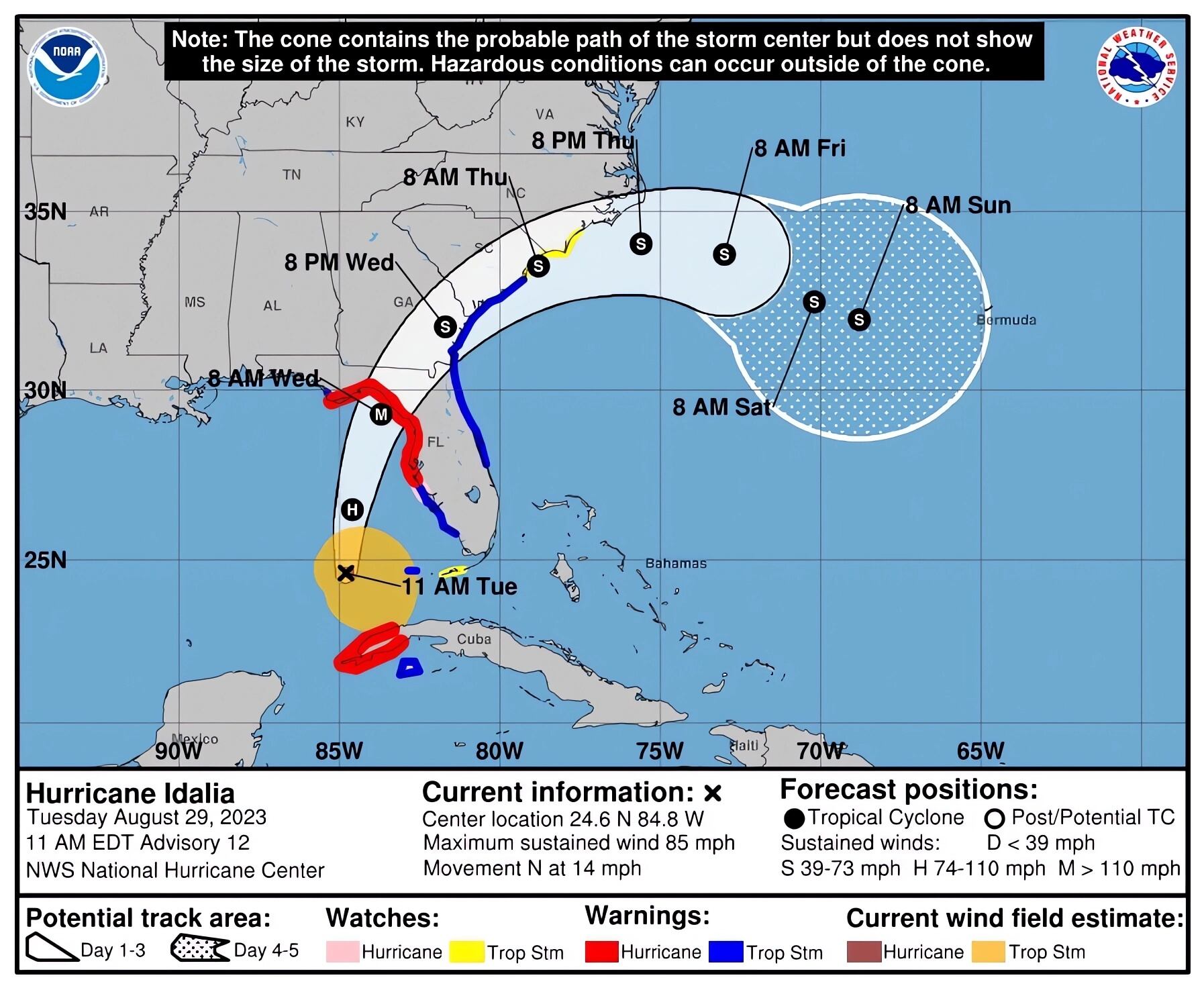 USA8652. MIAMI (FL, EEUU), 29/08/2023.- Gráfico cedido por el Centro Nacional de Huracanes (NHC) de Estados Unidos donde se muestra el pronóstico de cinco días del huracán Idalia. Más de 1,6 millones de personas tienen órdenes de evacuar sus residencias en Florida ante la cercanía del huracán Idalia que, según los meteorólogos, tocará tierra en el noroeste del estado con vientos de categoría 3 (a partir de 111 millas por hora o 178 kilómetros por hora) este miércoles. EFE/NHC /SOLO USO EDITORIAL /NO VENTAS /SOLO DISPONIBLE PARA ILUSTRAR LA NOTICIA QUE ACOMPAÑA /CRÉDITO OBLIGATORIO
