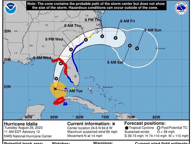 USA8652. MIAMI (FL, EEUU), 29/08/2023.- Gráfico cedido por el Centro Nacional de Huracanes (NHC) de Estados Unidos donde se muestra el pronóstico de cinco días del huracán Idalia. Más de 1,6 millones de personas tienen órdenes de evacuar sus residencias en Florida ante la cercanía del huracán Idalia que, según los meteorólogos, tocará tierra en el noroeste del estado con vientos de categoría 3 (a partir de 111 millas por hora o 178 kilómetros por hora) este miércoles. EFE/NHC /SOLO USO EDITORIAL /NO VENTAS /SOLO DISPONIBLE PARA ILUSTRAR LA NOTICIA QUE ACOMPAÑA /CRÉDITO OBLIGATORIO
