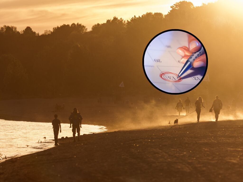 Personas caminando por un ambiente muy caliente y seco y de fondo la mano de una persona marcado una fecha en el calendario (Fotos vía Getty Images)