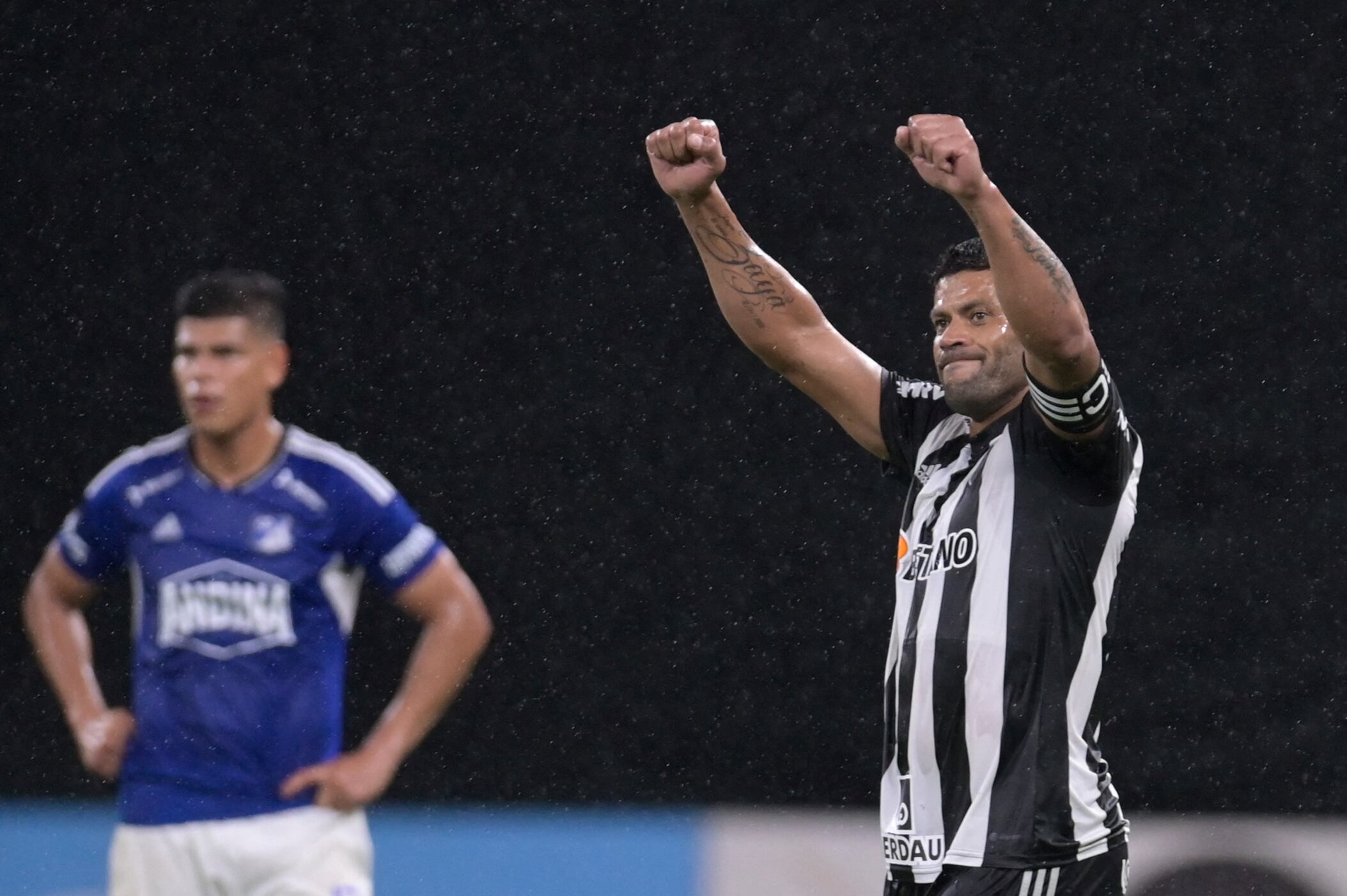Atletico Mineiro's forward Hulk celebrates after scoring against Millonarios during their Copa Libertadores third round second leg football match between Brazil's Atletico Minerio and Colombia's Millonarios, at the Mineirao stadium in Belo Horizonte, Brazil, on March 15, 2023. (Photo by Douglas MAGNO / AFP) (Photo by DOUGLAS MAGNO/AFP via Getty Images)