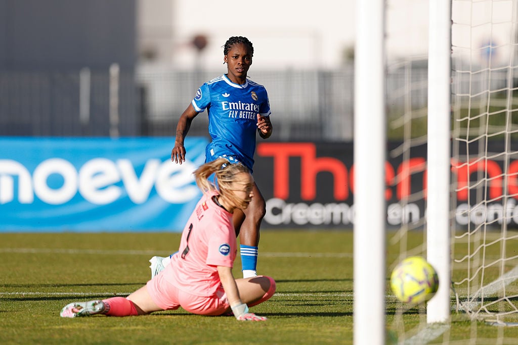 FUENLABRADA, SPAIN - APRIL 05: Linda Caicedo player of Real Madrid scoring 1-0 during the finetwork Liga F match between Madrid CFF and Real Madrid Femenino Estadio Fernando Torres on April 05, 2026 in Fuenlabrada, Spain. (Photo by Jesus Troyano/Real Madrid via Getty Images)