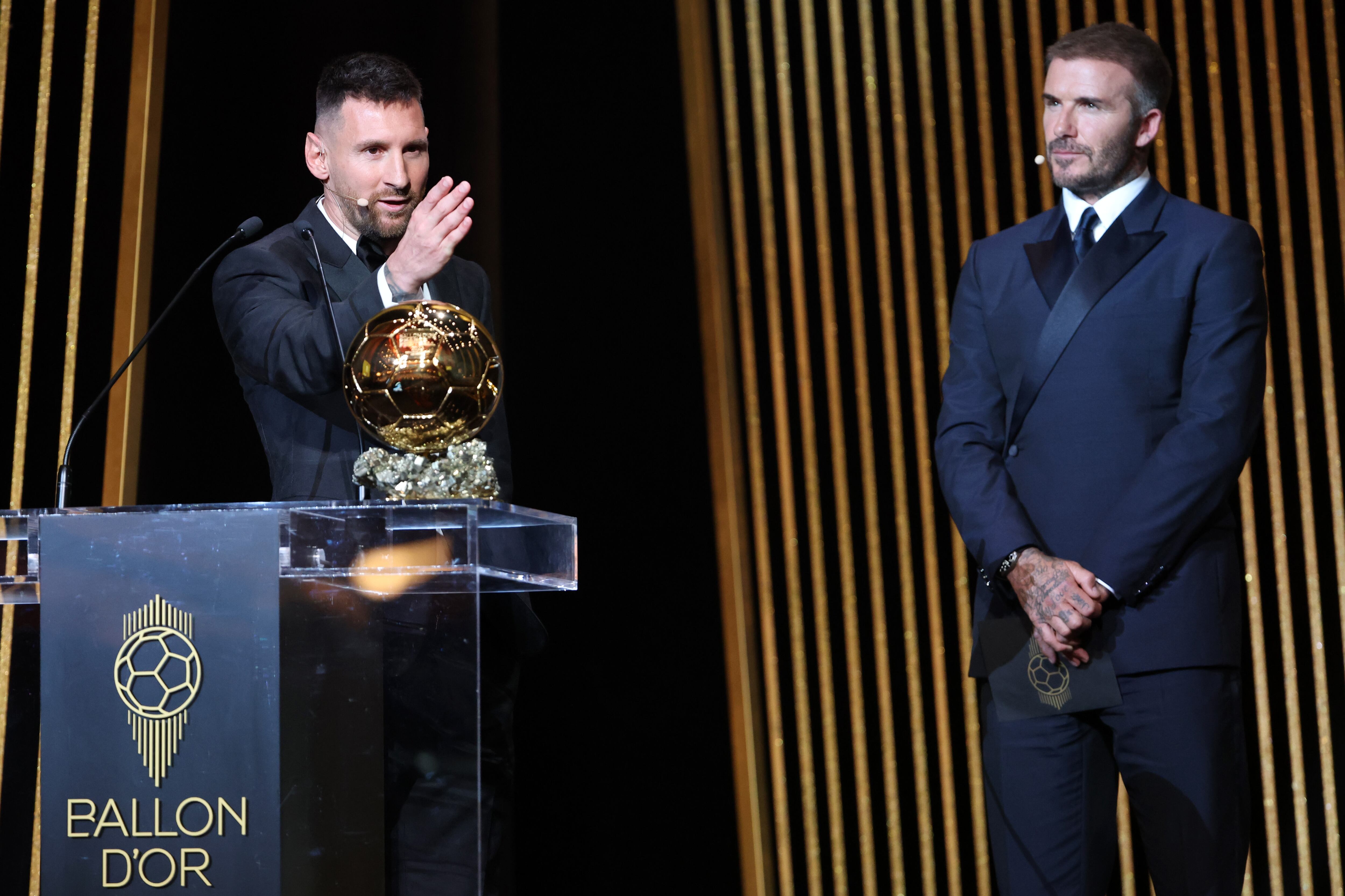 PARIS, FRANCE - OCTOBER 30: Lionel Messi and David Beckham attend the 67th Ballon D'Or Ceremony at Theatre Du Chatelet on October 30, 2023 in Paris, France. (Photo by Pascal Le Segretain/Getty Images)