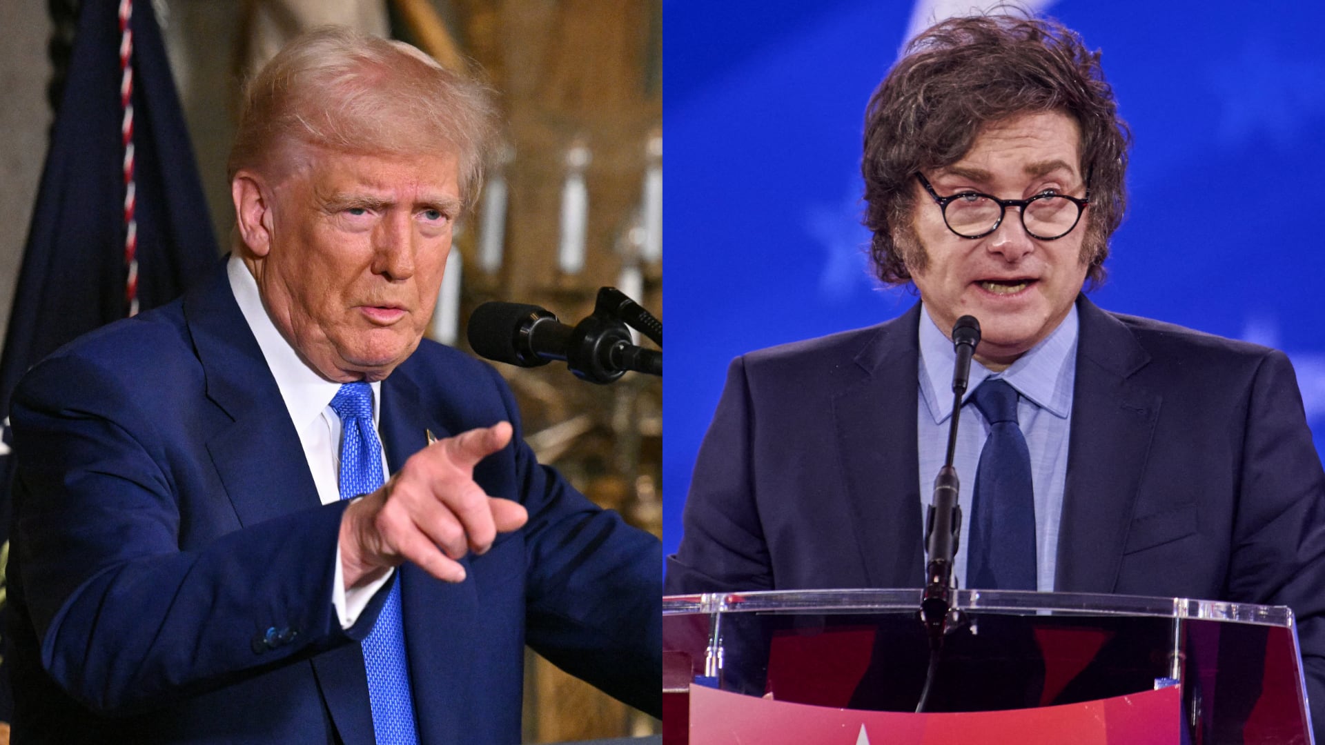 Donald Trump. FOTO: ROBERTO SCHMIDT/AFP via Getty Images - Javier Milei. FOTO:DOMINIC GWINN/Middle East Images/AFP via Getty Images.