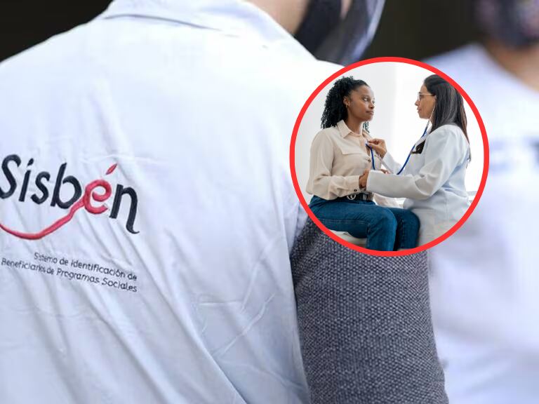 Persona con uniforme del Sisbén y de fondo una persona recibiendo servicios de salud (Fotos vía COLPRENSA y Getty Images)