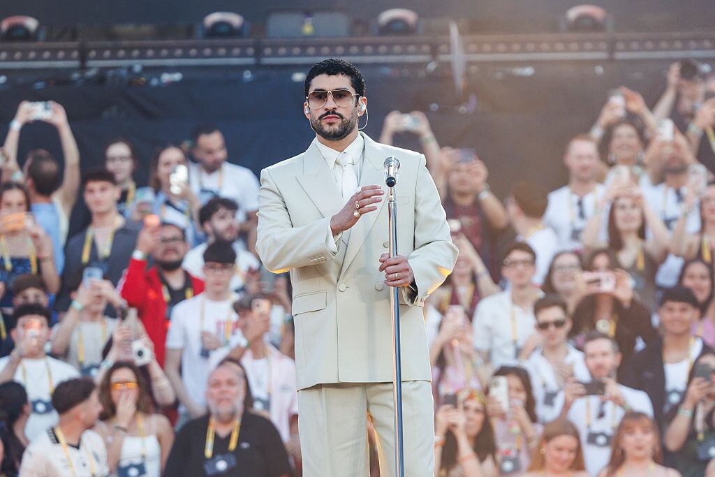 BARCELONA, SPAIN - MAY 22: Bad Bunny performs in concert during his "DeBI TiRAR MaS FOToS" Tour at Estadi Olimpic Lluis Companys on May 22, 2026 in Barcelona, Spain. (Photo by Xavi Torrent/Getty Images)