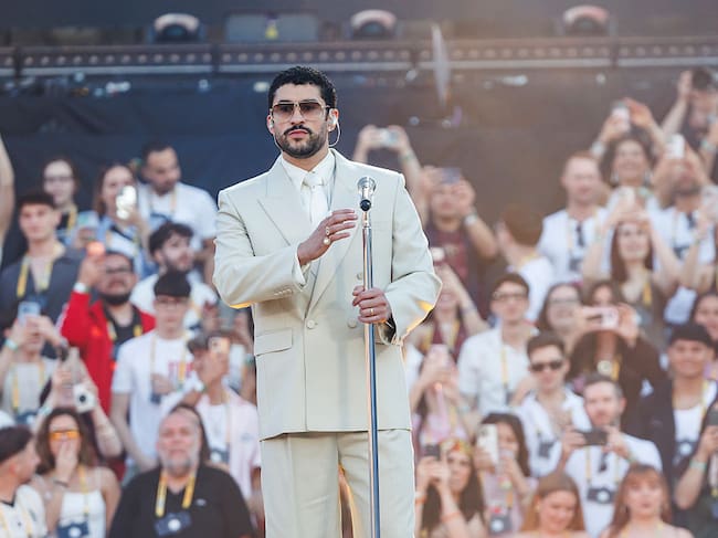 BARCELONA, SPAIN - MAY 22: Bad Bunny performs in concert during his "DeBI TiRAR MaS FOToS" Tour at Estadi Olimpic Lluis Companys on May 22, 2026 in Barcelona, Spain. (Photo by Xavi Torrent/Getty Images)
