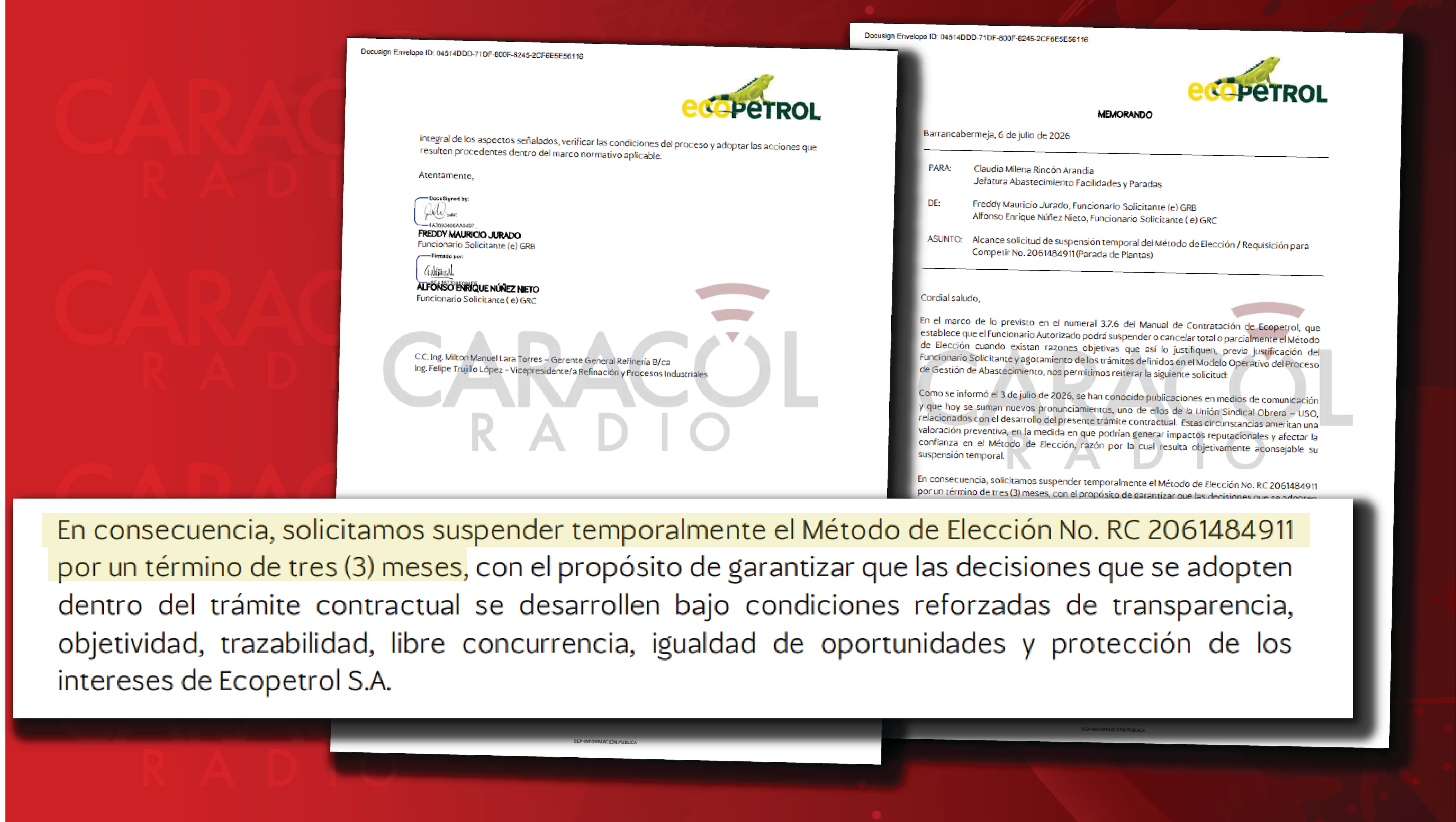La carta de directivos de dos Refinerías que piden a Ecopetrol frenar millonario contrato.