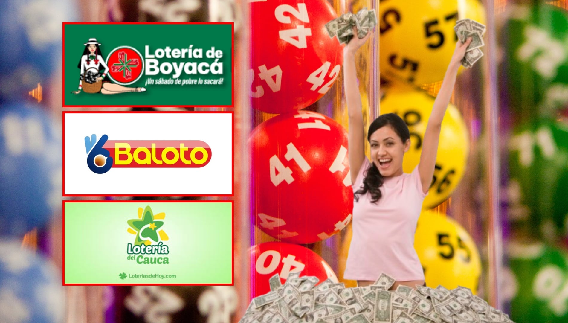 Logos de las loterías de Boyacá, Cauca y Baloto e imagen de referencia de ganador de lotería. Fotos: Lotería Boyacá, Baloto, Lotería del Cauca / Getty Images