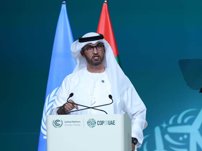 Dubai (United Arab Emirates), 30/11/2023.- Dr. Sultan Ahmed Al Jaber, President-Designate of COP28, the UAE&#039;s Minister for Industry and Advanced Technology, UAE Climate Change Special Envoy and Managing Director and Group CEO of the Abu Dhabi National Oil Company (ADNOC) speaks, during the opening ceremony of COP28 Conference in Dubai, United Arab Emirates, 30 November 2023. The 2023 United Nations Climate Change Conference runs from 30 November to 12 December, and is expected to host one of the largest number of participants in the annual global climate conference as over 70,000 estimated attendees, including the member states of the UN Framework Convention on Climate Change (UNFCCC), business leaders, young people, climate scientists, Indigenous Peoples and other relevant stakeholders will attend. (Emiratos Árabes Unidos) EFE/EPA/ALI HAIDER