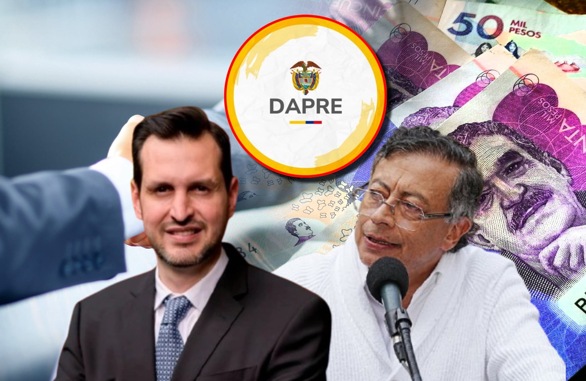 Carlos Ríos, Gustavo Petro y logo del Dapre. Fotos: Presidencia / (Photo by Andres Rot/Getty Images) / Dapre & Getty Images