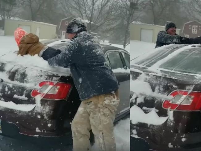¡Indignante! hombre usó a su hijo para quitar la nieve de su auto