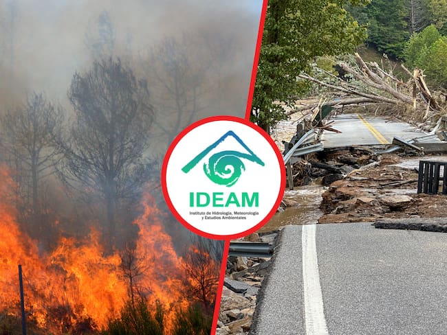 En el medio, el logo de IDEAM, Instituto de Hidrología, Meteorología y Estudios Ambientales de Colombia. De fondo, imágenes ilustrativas de incendios y deslizamientos (Cortesía: Getty Images).