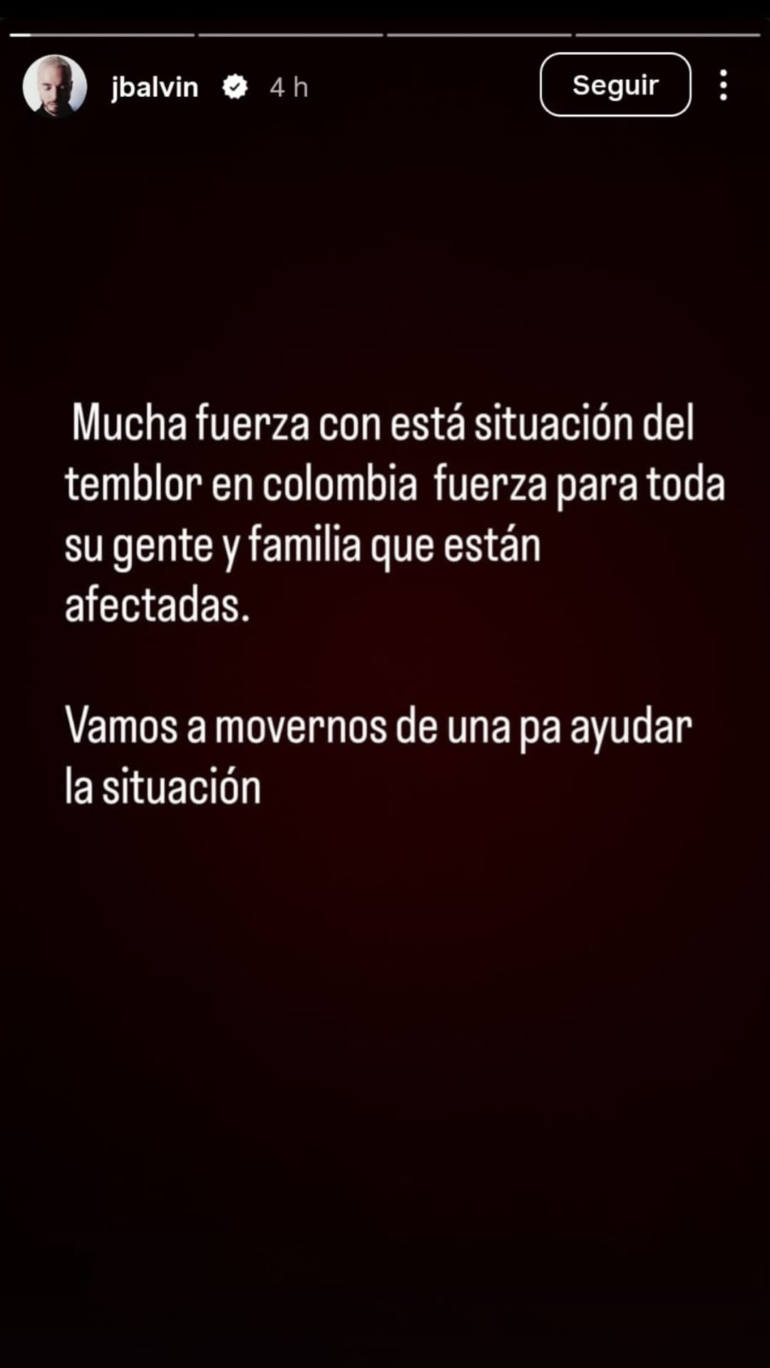 Mensaje de solidaridad del cantante J Balvin a través de su Instagram. @Jbalvin