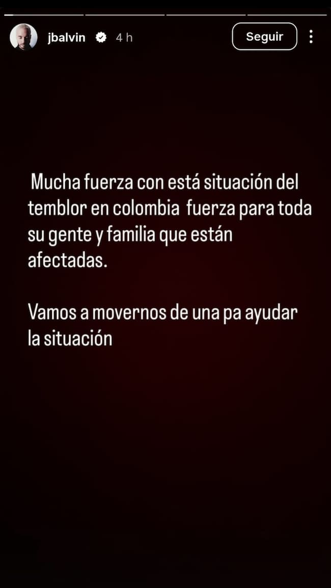 Mensaje de solidaridad del cantante J Balvin a través de su Instagram. @Jbalvin