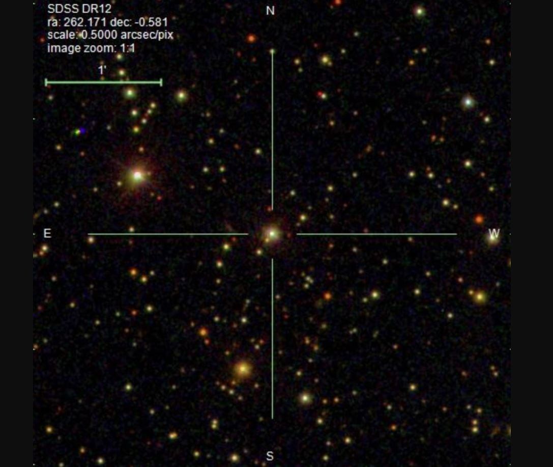 Las cruces marcan la ubicación del monstruoso agujero negro recién descubierto /  SLOAN DIGITAL SKY SURVEY / S. CHAKRABART ET AL