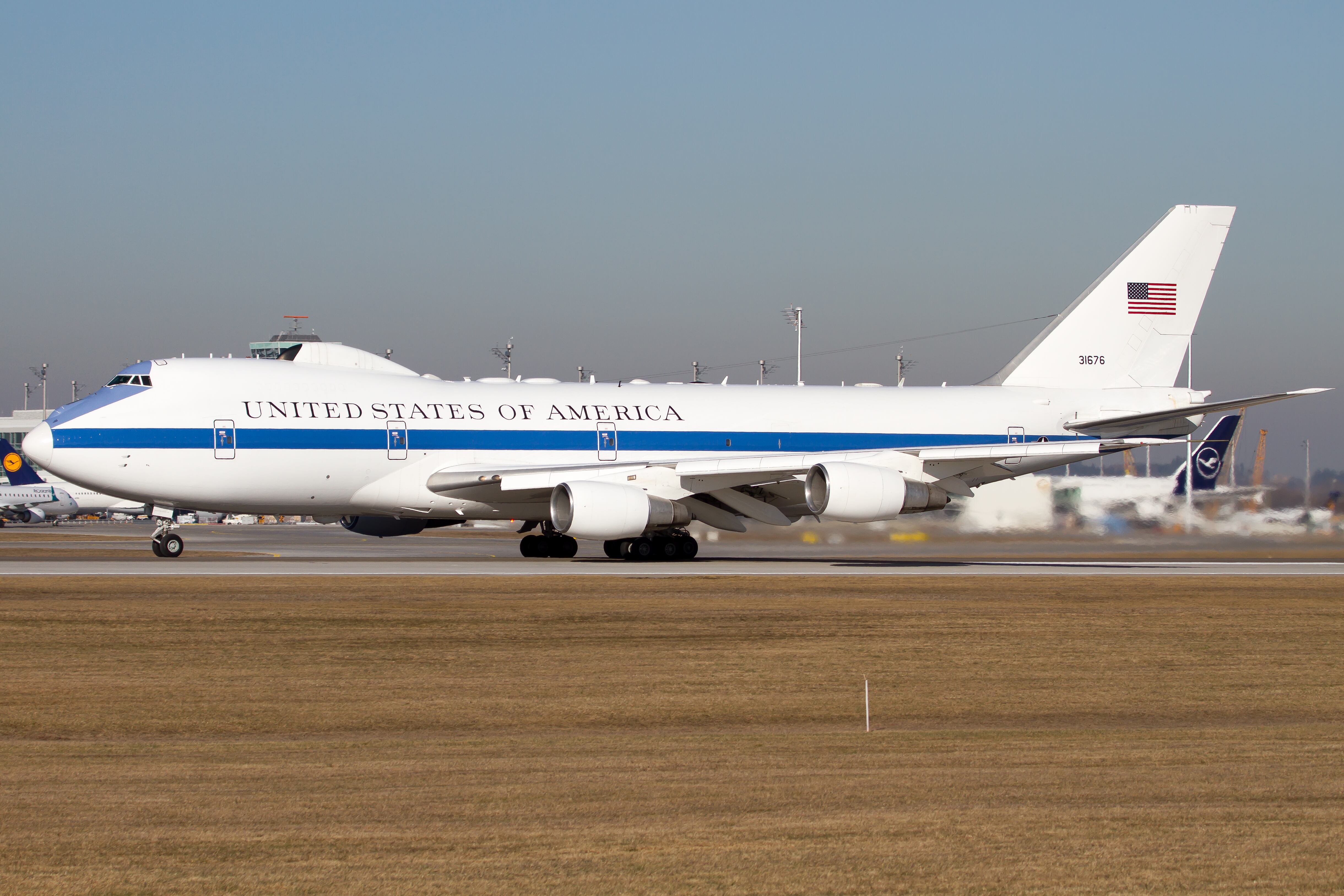 AIRPORT MUNICH, MUNICH, GERMANY - 2019/02/16: An United States US Air Force USAF Boeing E-4B bringing the American delegation back home after the Munich Security Conference. (Photo by Fabrizio Gandolfo/SOPA Images/LightRocket via Getty Images)