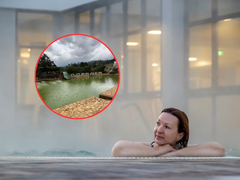Mujer disfrutando de un baño relajante en agua caliente y de fondo una fotografía de las Termales de Guasca (Fotos vía Getty Images y la cuenta de instagram @termalesguasca)