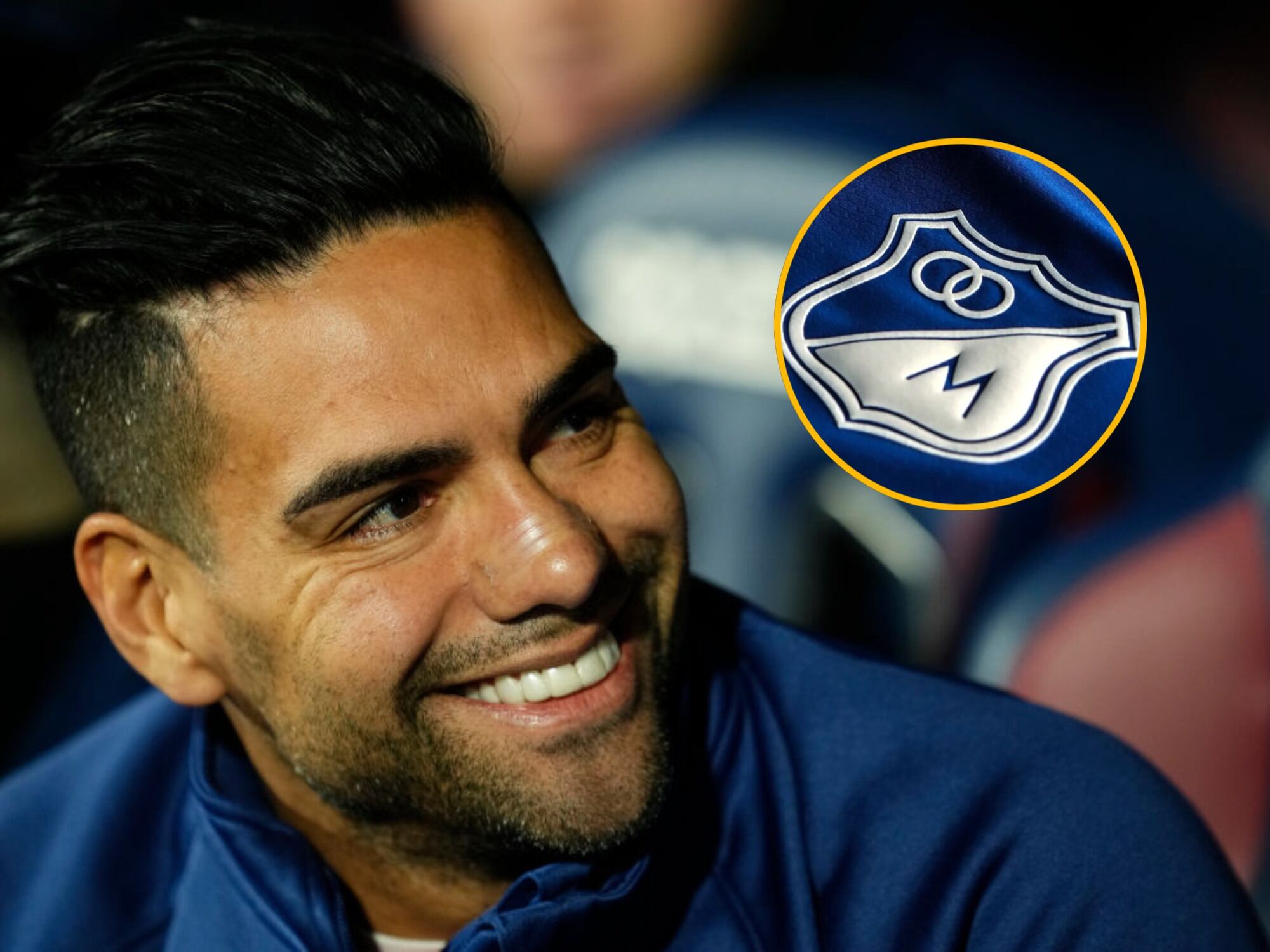 Radamel Falca y el escudo de Millonarios. Fotos: Getty Images y suministrada.