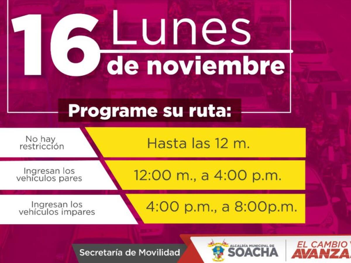 Estos son los horarios del pico y placa festivo en Soacha