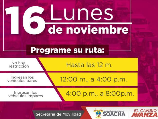 Estos son los horarios del pico y placa festivo en Soacha