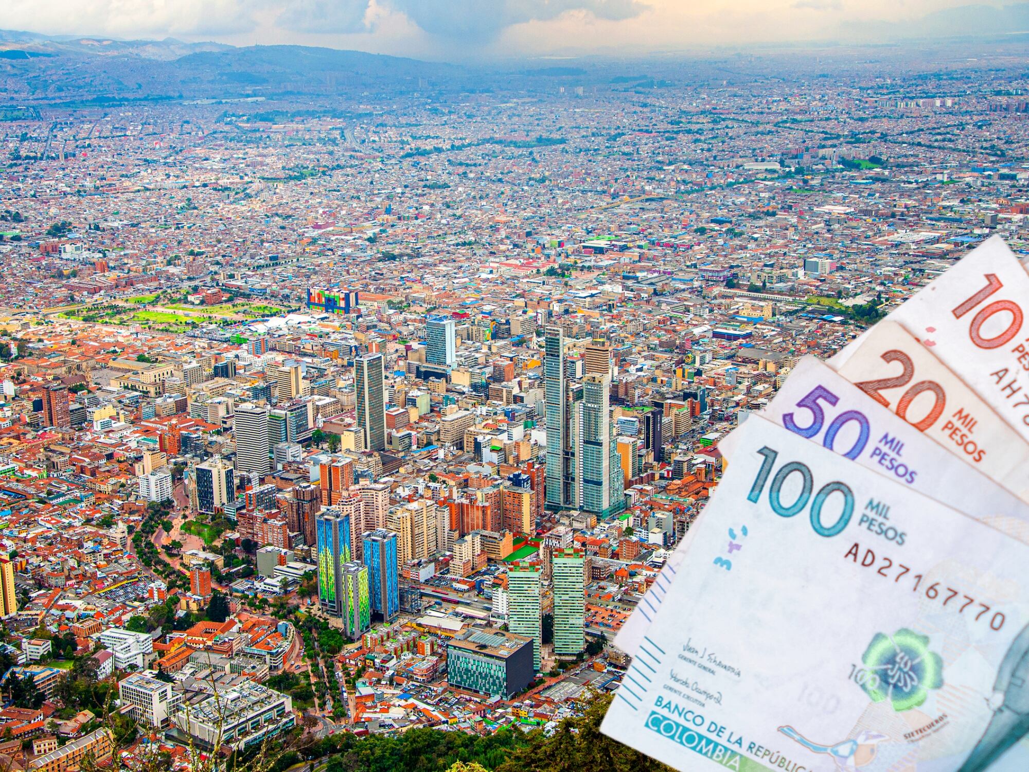 Panorámica de Bogotá y dinero Colombia. Fotos: Getty Images