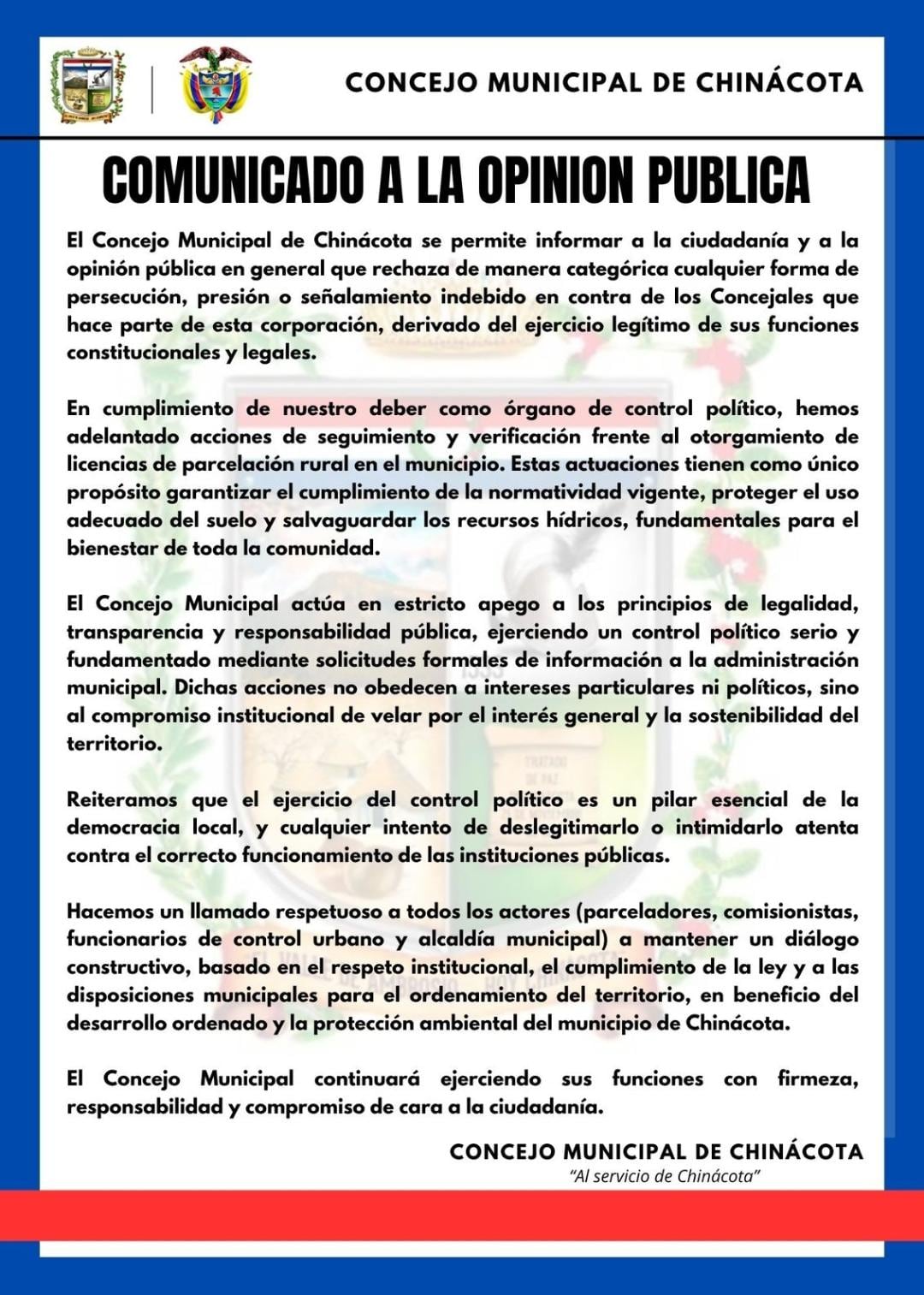Comunicado del Concejo de Chinácota, en Norte de Santander.
