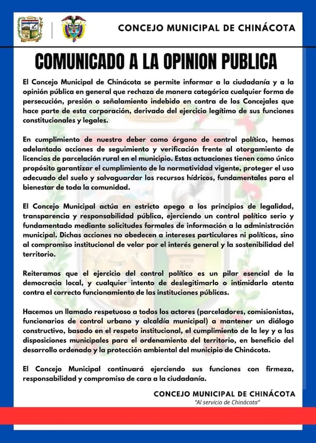 Comunicado del Concejo de Chinácota, en Norte de Santander.