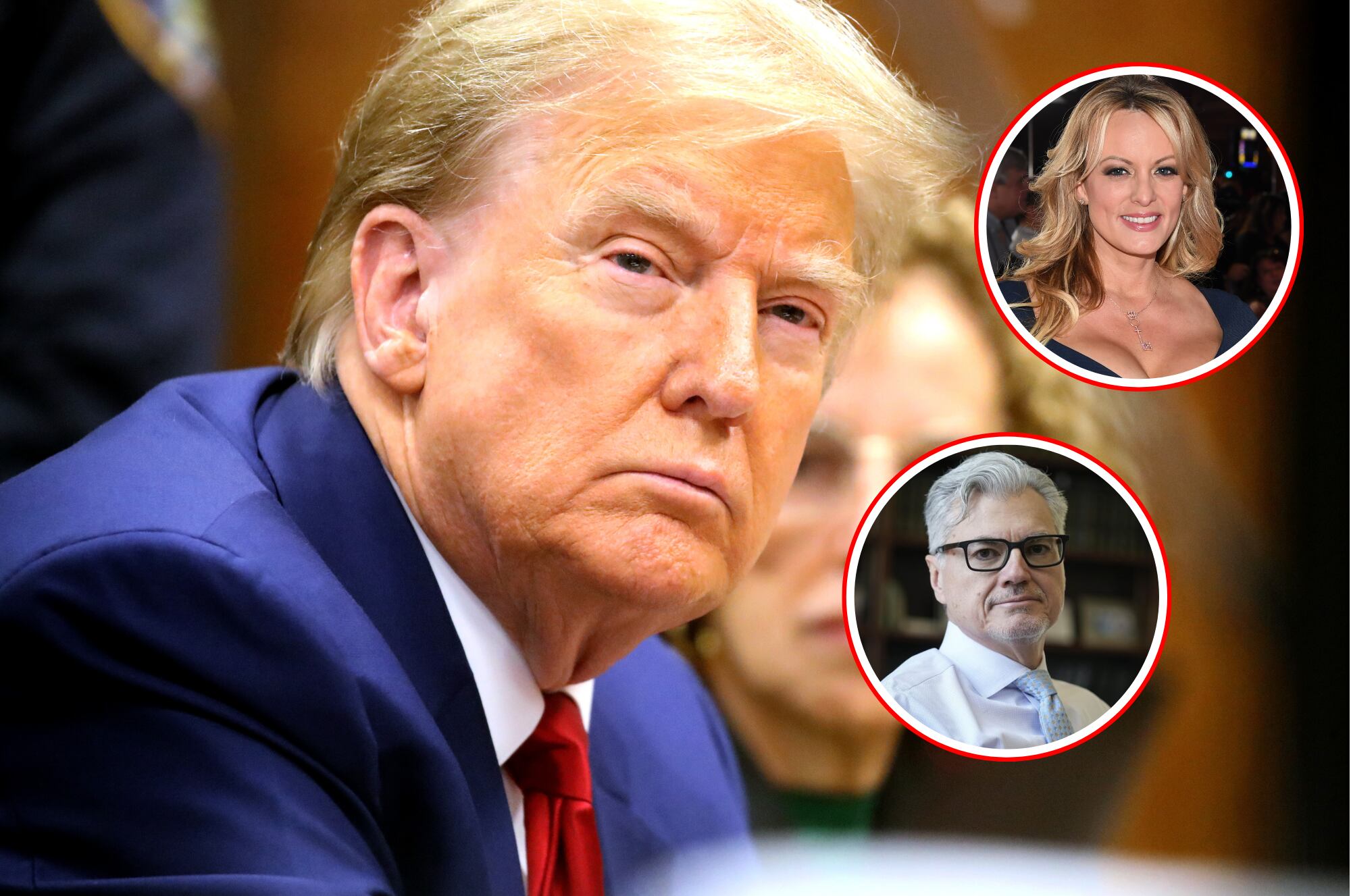 El expresidente Donald Trump. En el círculo superior la actriz porno, Stormy Daniels, y en el círculo inferior, el juez del caso, Juan Merchan.
(Foto:  Caracol Radio / Getty / New York Law Journal )