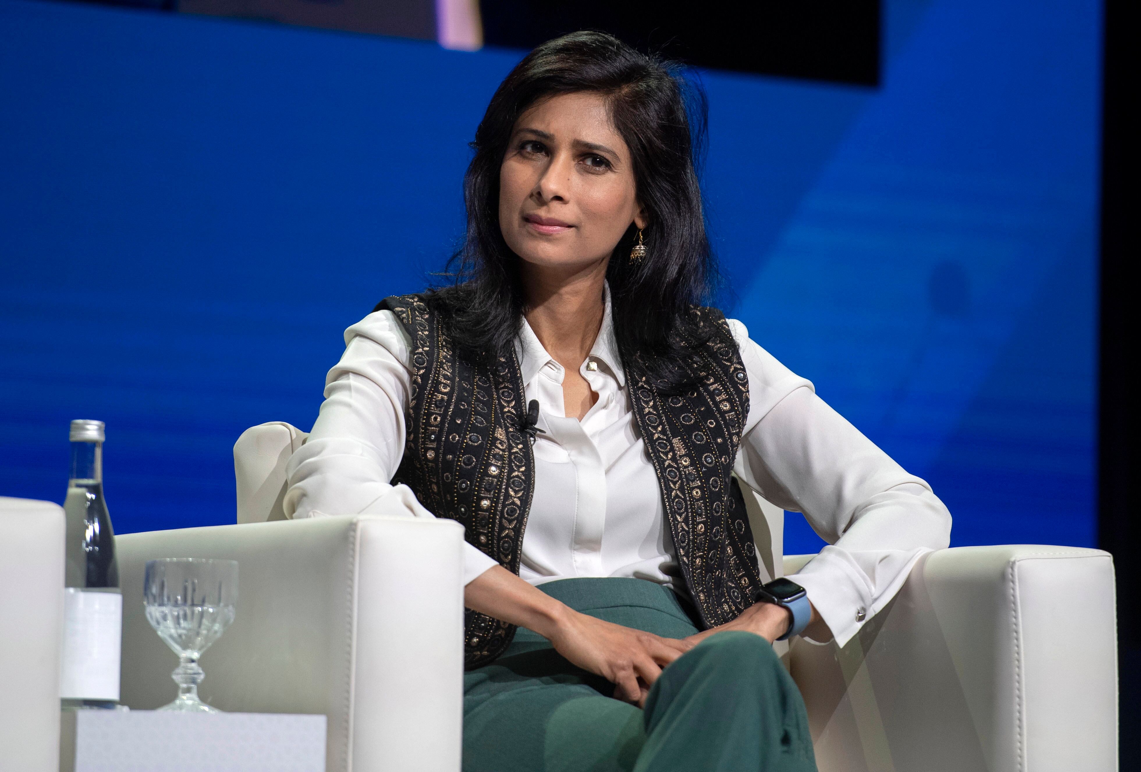 Marrakesh (Morocco), 10/10/2023.- Gita Gopinath, First Deputy Managing Director of the International Monetary Fund participates in a symposium on the second day of the annual meetings of the IMF and the World Bank Group in Marrakesh, Morocco, 10 October 2023. This year's annual meetings, held from 09 to 15 October 2023, are joined by central bankers, ministers of finance and development, parliamentarians, private sector executives, representatives from civil society organizations and academics. (Marruecos) EFE/EPA/JALAL MORCHIDI