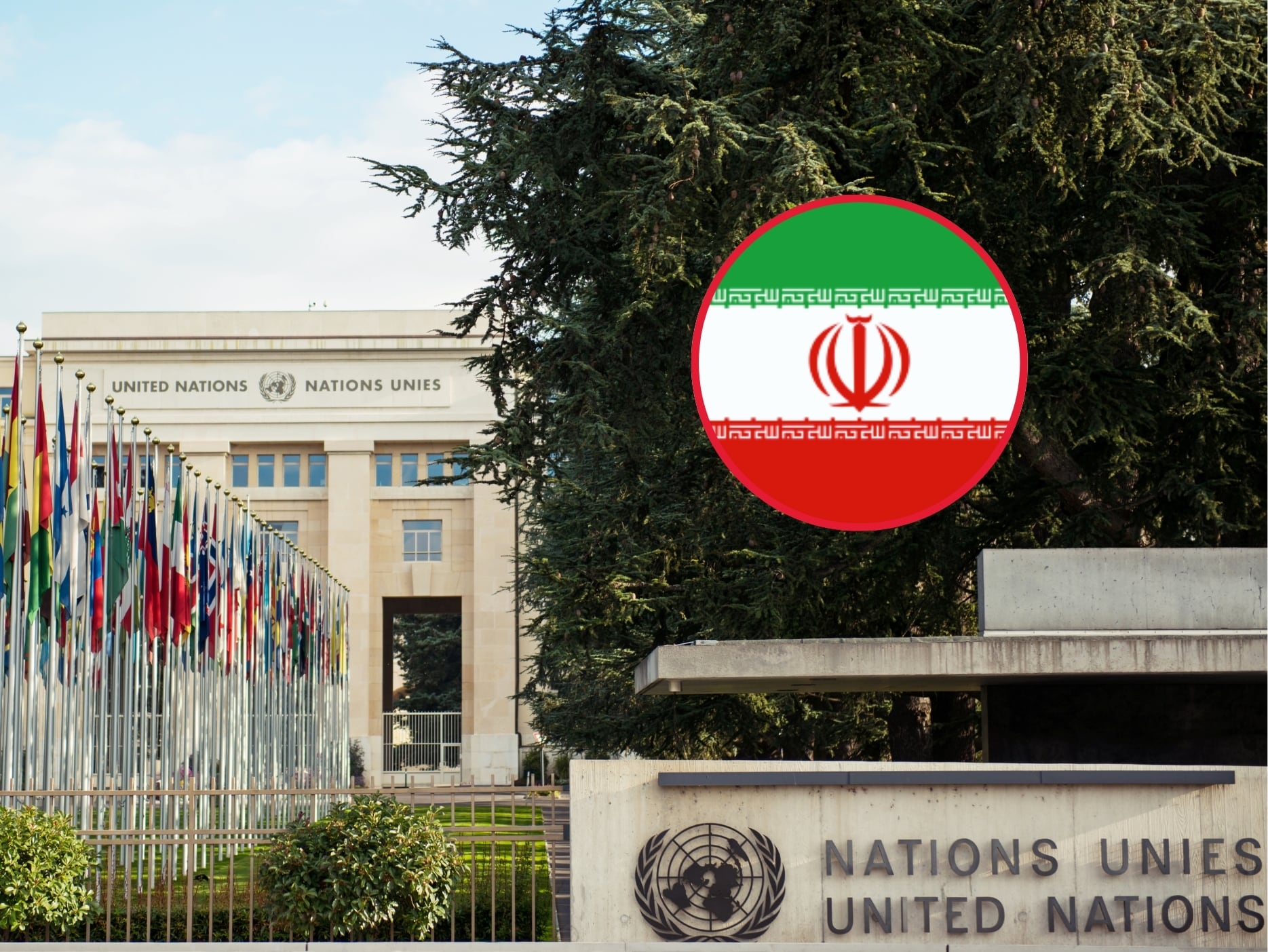 De fondo: Instalaciones de la Organización de las Naciones Unidas en Ginebra, Suiza. A la derecha, la bandera de Irán (Crédito: Getty Images)
