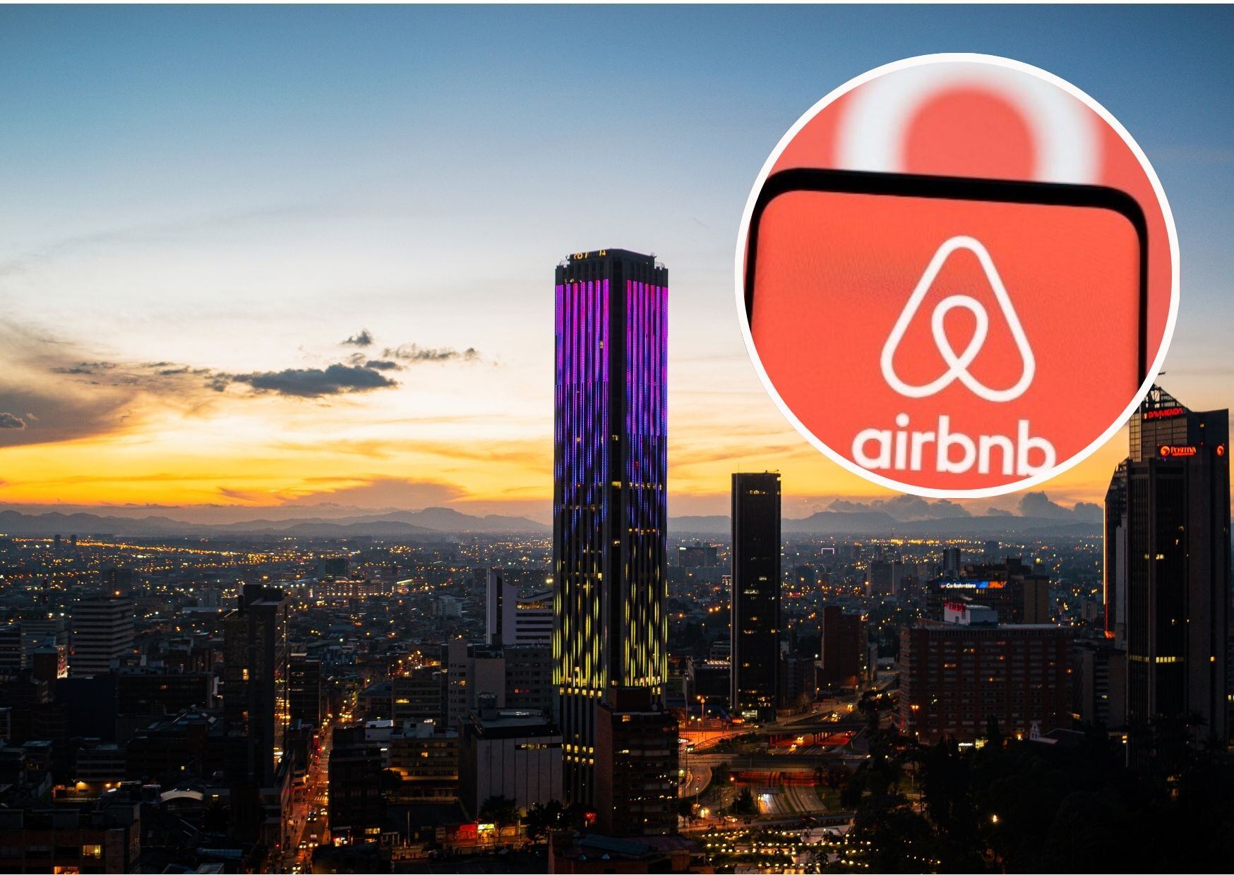 Ciudad de Bogotá y logo de AirBnb. Realizada Caracol Radio.