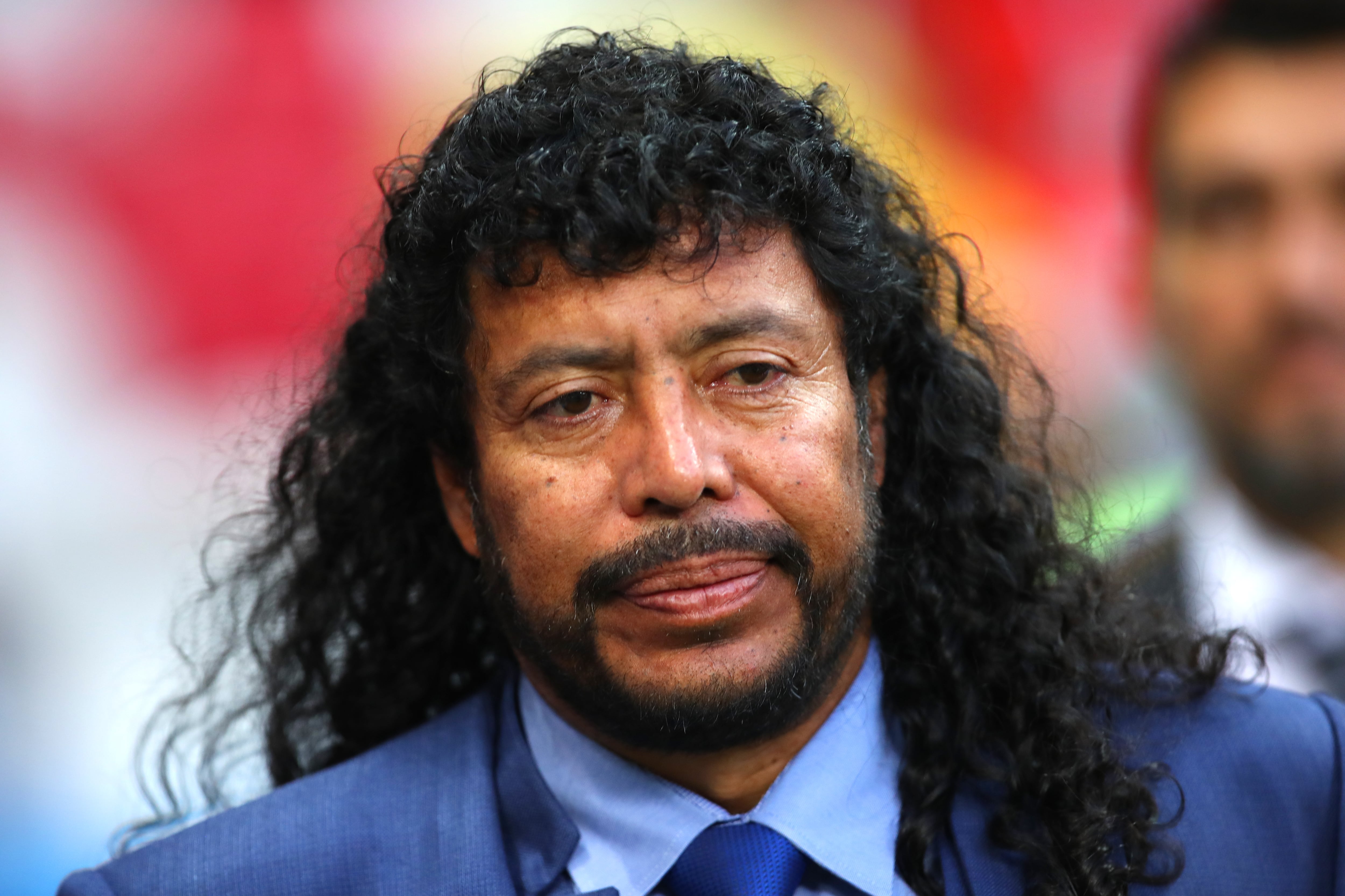 KAZAN, RUSSIA - JUNE 24:  Colombia legend Rene Higuita looks on prior to the 2018 FIFA World Cup Russia group H match between Poland and Colombia at Kazan Arena on June 24, 2018 in Kazan, Russia. (Photo by Robbie Jay Barratt - AMA/Getty Images)