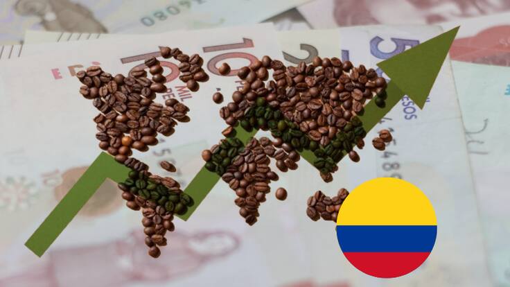 _Granos de café formando los continentes del mundo con una dlecha con tendencia al alza, la bandera de Colombia y de fondo dinero colombiano (Fotos vía Getty Images)