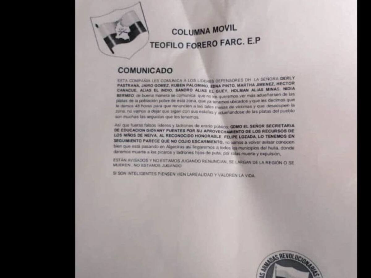 Temor en el Huila por panfletos amenazantes