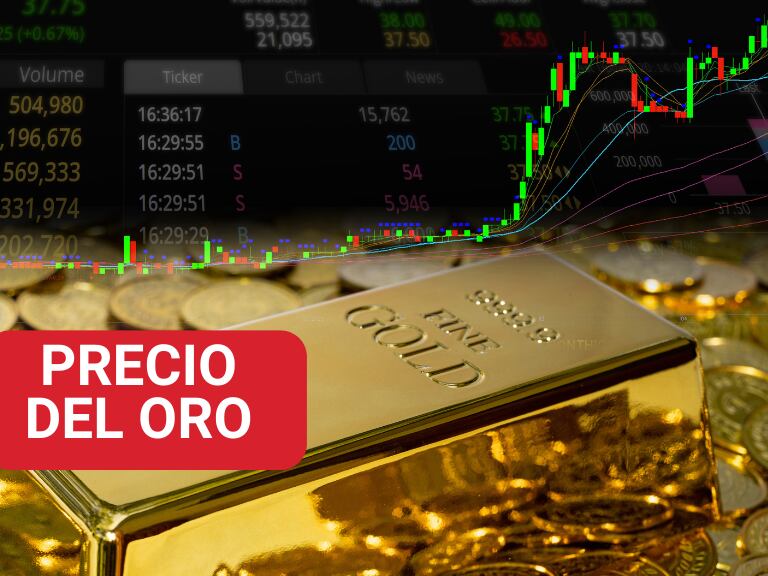 Un lungote y varias monedas de oro con una una ilustración de cifras fluctuantesal fondo (Foto vía Getty Images).