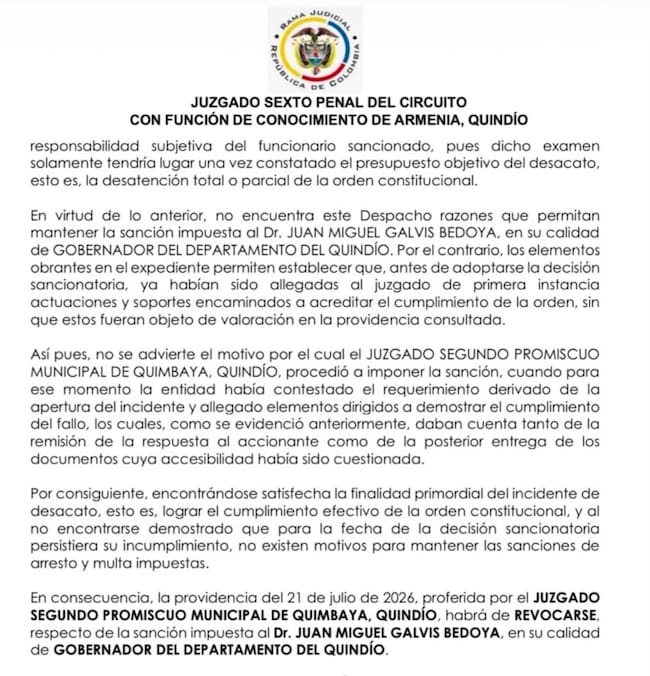 Parte del fallo judicial Foto: Cortesía gobernación del Quindío