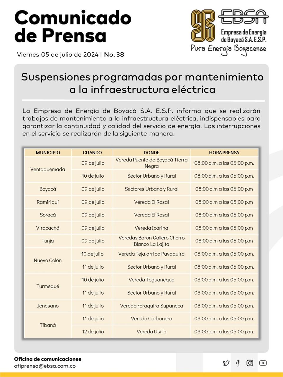 Suspensiones programadas por mantenimiento a la infraestructura eléctrica en Boyacá