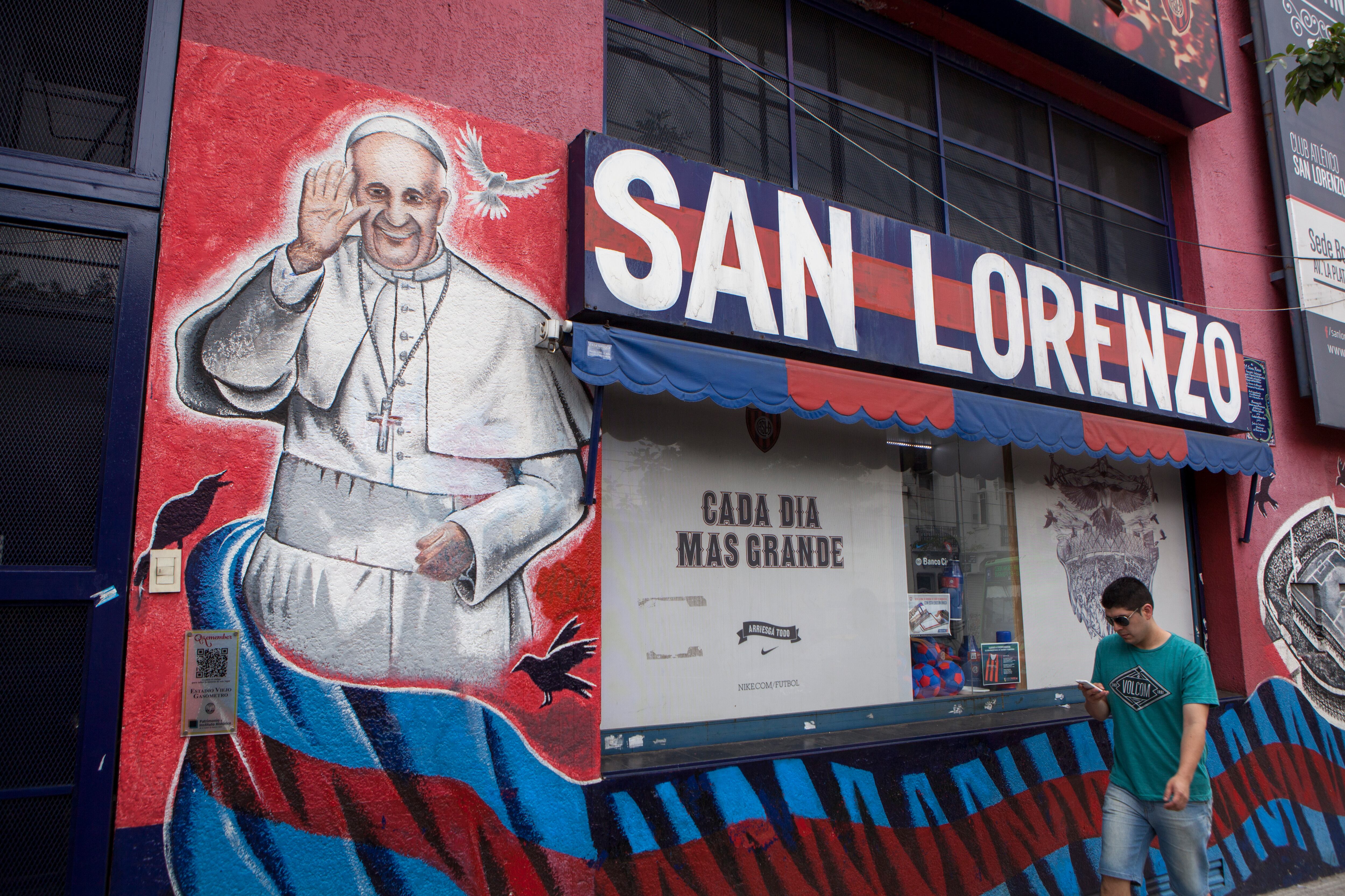 BUENOS AIRES, ARGENTINA - APRIL 06: A Pope Francis painting is drawn on a wall of the headquarters of the San Lorenzo soccer club on April 06, 2015, in Buenos Aires, Argentina. (Photo by Ricardo Ceppi/Getty Images)