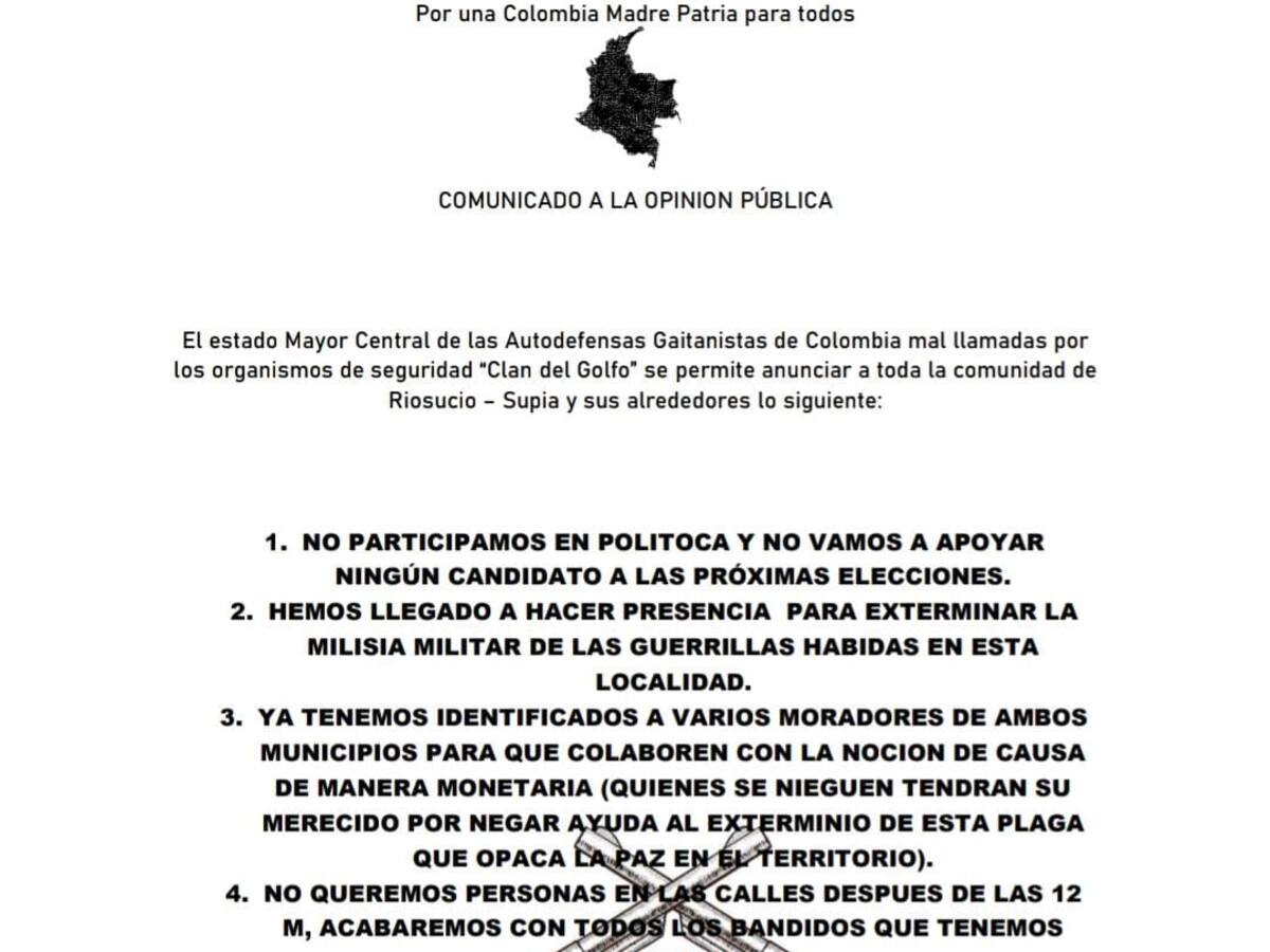 Alertan sobre presunto panfleto amenazante en los municipios de Supía y Riosucio Caldas