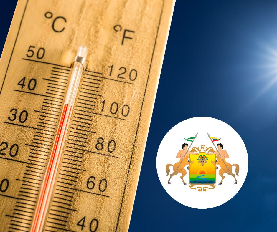 Termómetro y escudo del Meta (Getty Images)