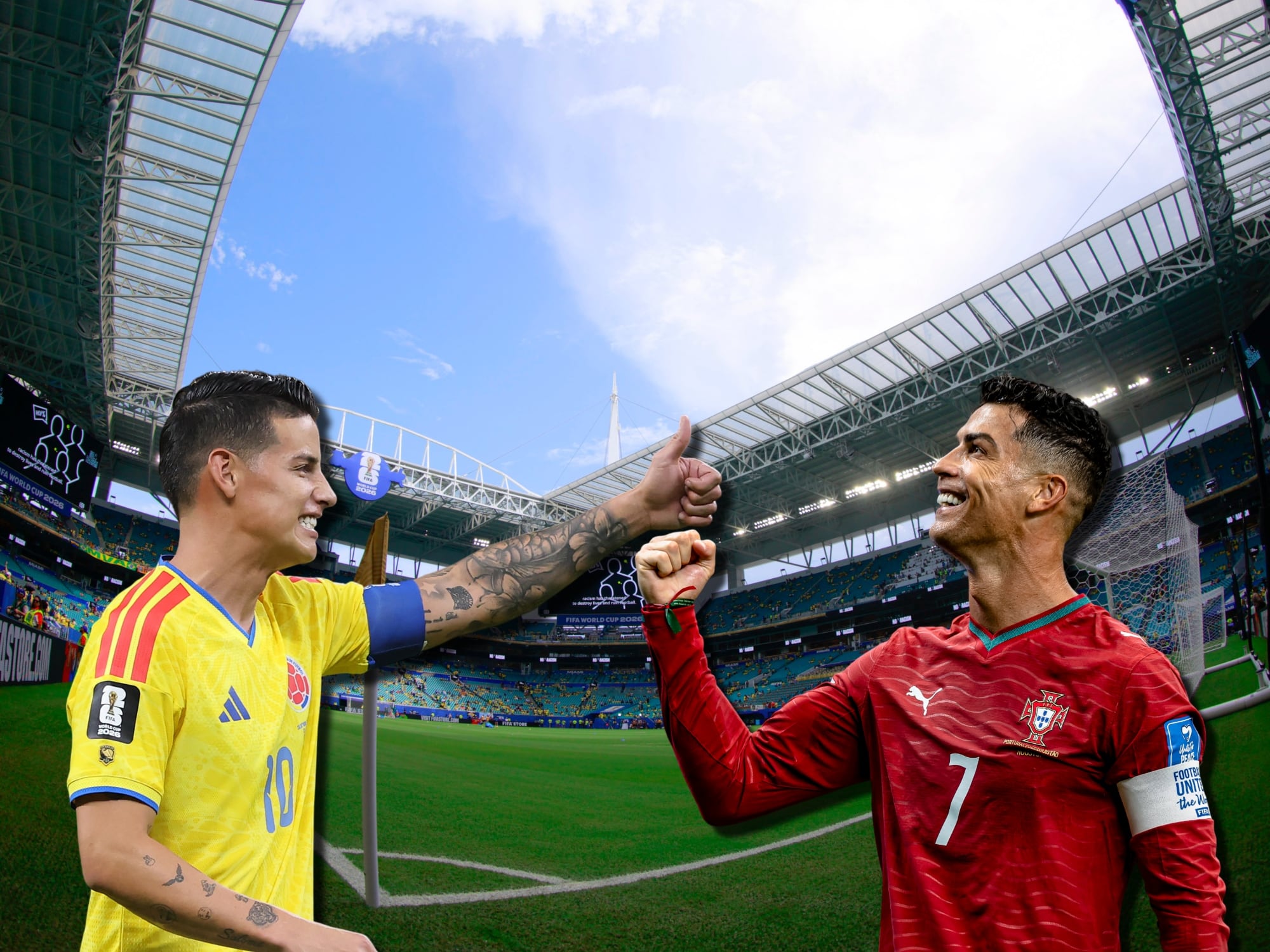 James Rodríguez (izquierda) y Cristiano Ronaldo (derecha). De fondo, el Hard Rock Stadium, escenario en donde Colombia y Portugal jugarán en la tercera fecha de la fase de grupos del Mundial 2026. Fotos: Getty Images.