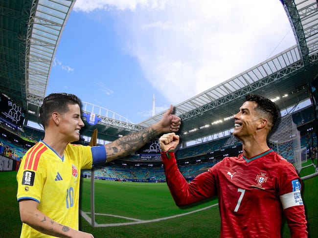 James Rodríguez (izquierda) y Cristiano Ronaldo (derecha). De fondo, el Hard Rock Stadium, escenario en donde Colombia y Portugal jugarán en la tercera fecha de la fase de grupos del Mundial 2026. Fotos: Getty Images.