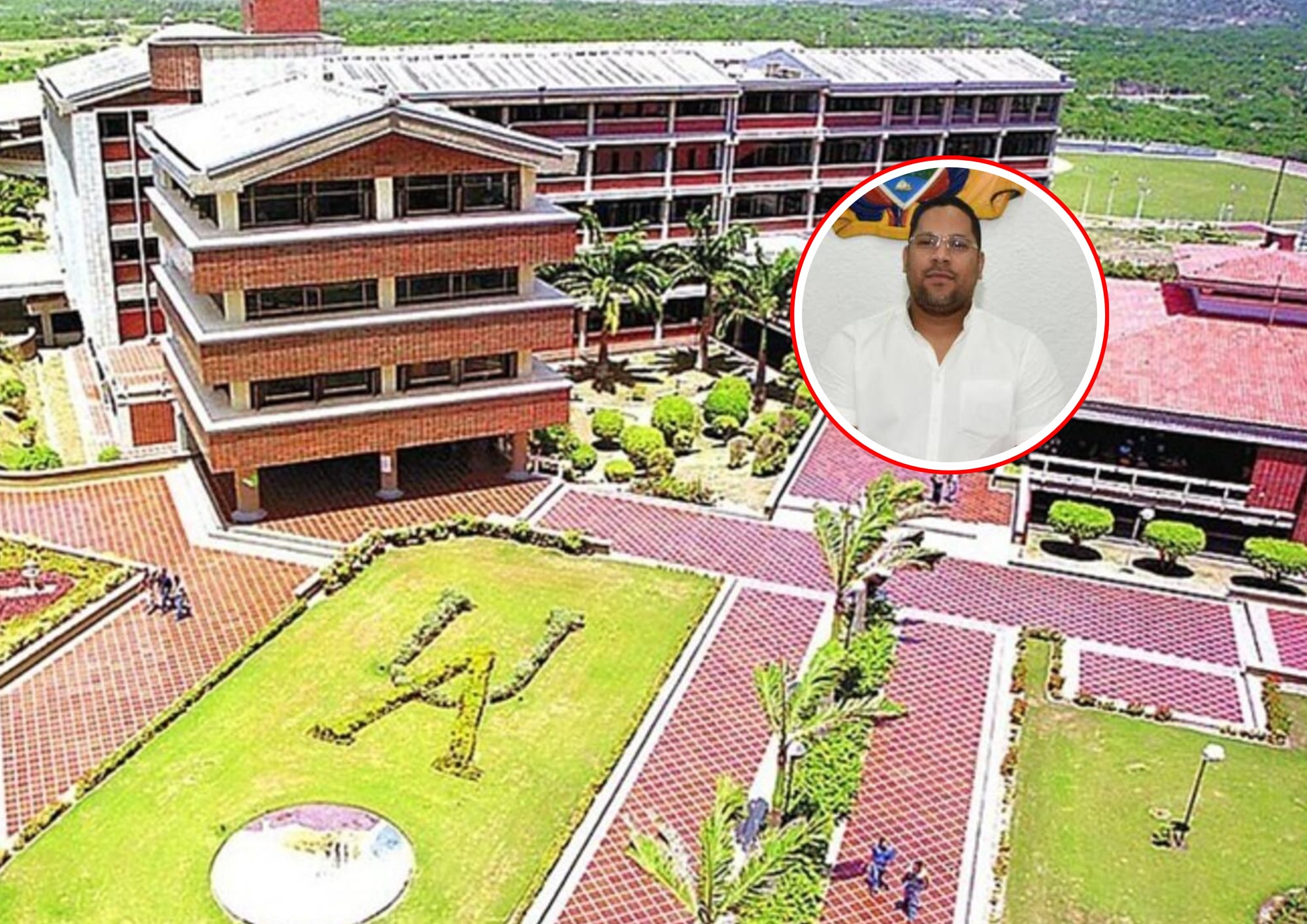 Instalaciones de la Universidad del Atlántico y en el círculo el candidato Leyton Barrios.